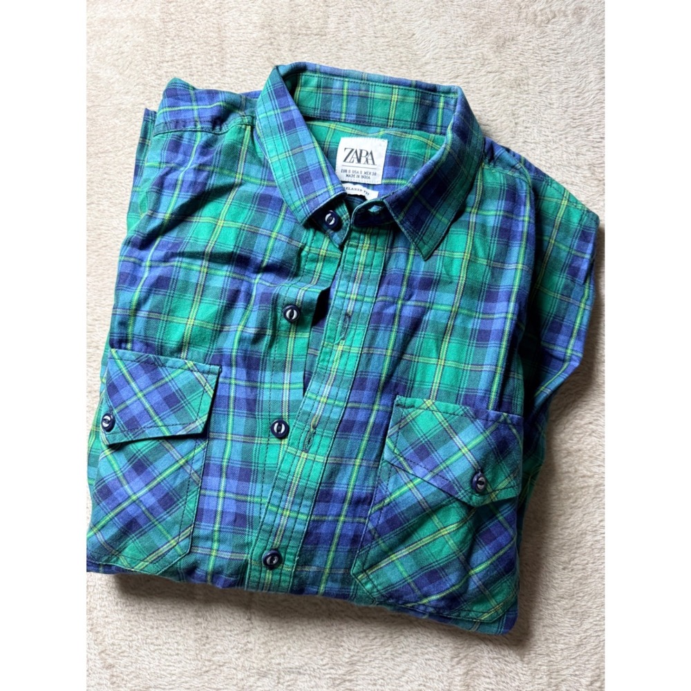 Zara Mens Relaxed Fit Flannel Shirt Green Blue Plaid Long Sleeve Button Down S